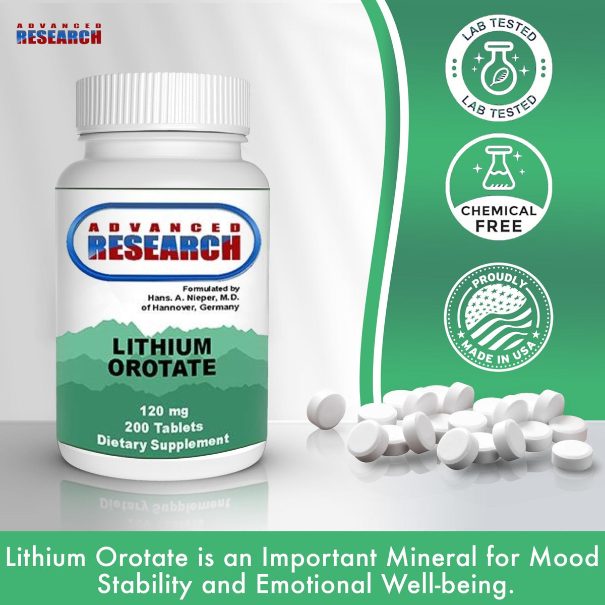 NCI Advanced Research Dr. Hans Nieper Lithium Orotate 5mg, 200 Count, Lab Tested, Non-GMO, Gluten Free, Vegan Friendly - FENGGESTORE20