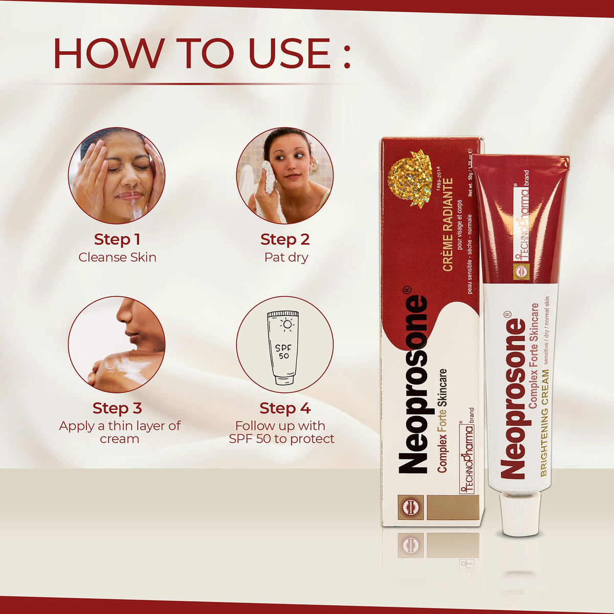 Neoprosone, Skin Brightening Cream | 1.7 Fl oz / 50 ml | Fade Dark Spots on: Face, Elbows - FENGGESTORE20