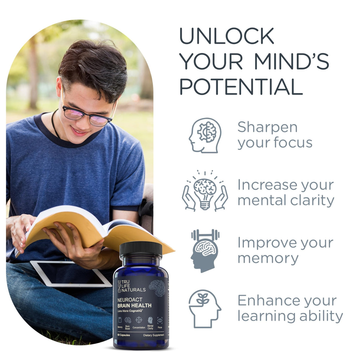 NEUROACT Brain Health Memory, Focus, Concentration, Mental Clarity with CognatiQ, Vitamin B3 & B6 | Manage Stress & Elevate Mood | Holistic Brain Health Formula, Sustained Energy & Well Being - FENGGESTORE20