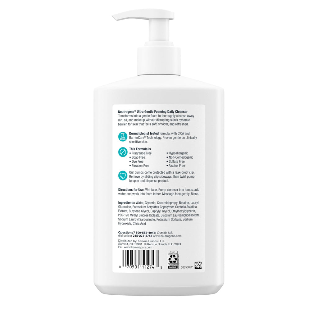 Neutrogena Ultra Gentle Foaming Facial Cleanser, Fragrance Free Hydrating Face Wash for Sensitive Skin, Daily Non Over Drying Makeup Remover - FENGGESTORE20