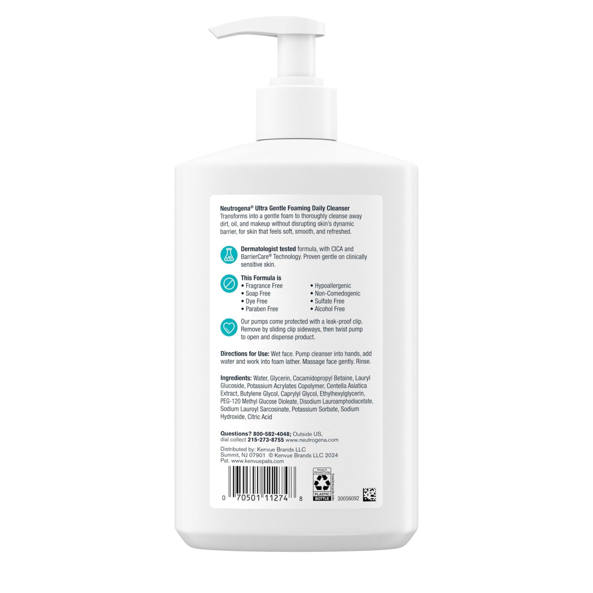 Neutrogena Ultra Gentle Foaming Facial Cleanser, Fragrance Free Hydrating Face Wash for Sensitive Skin, Daily Non Over Drying Makeup Remover - FENGGESTORE20