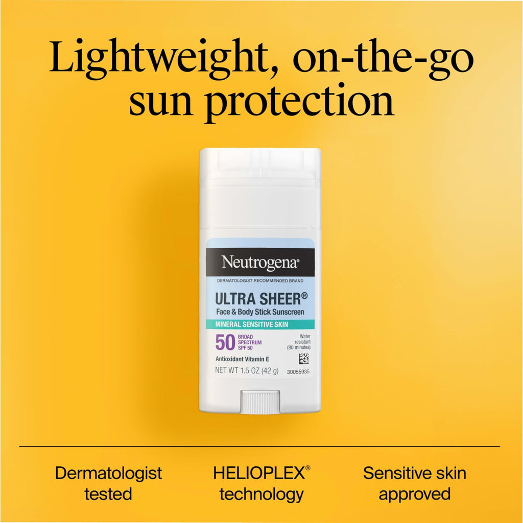 Neutrogena Ultra Sheer Dry Touch SPF 50 Mineral Sunscreen Stick for Sensitive Skin, Zinc Oxide, Body & Face Sunscreen - FENGGESTORE20