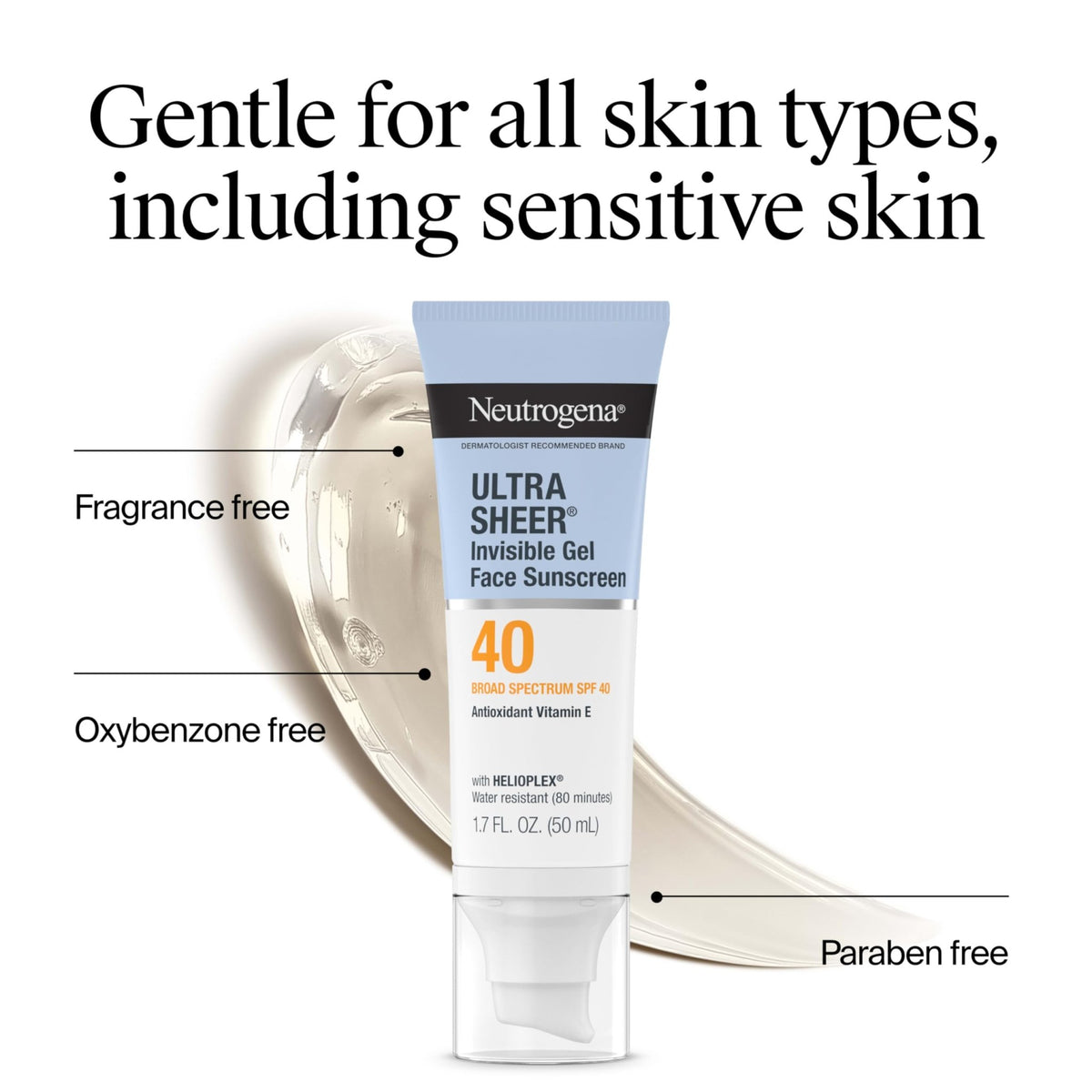 Neutrogena Ultra Sheer Invisible Gel Face Sunscreen SPF 40, Facial Sunscreen & Moisturizer - FENGGESTORE20