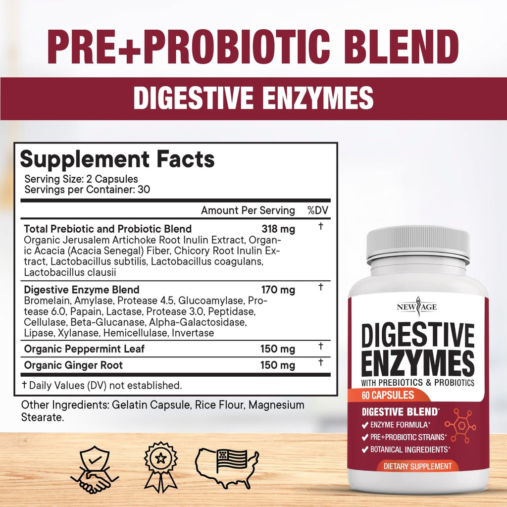 NEW AGE Digestive Enzymes for Gut Health - Probiotic Multi Enzymes with Prebiotics and Probiotics with Lipase for Women and Men for Digestive Health, - FENGGESTORE20
