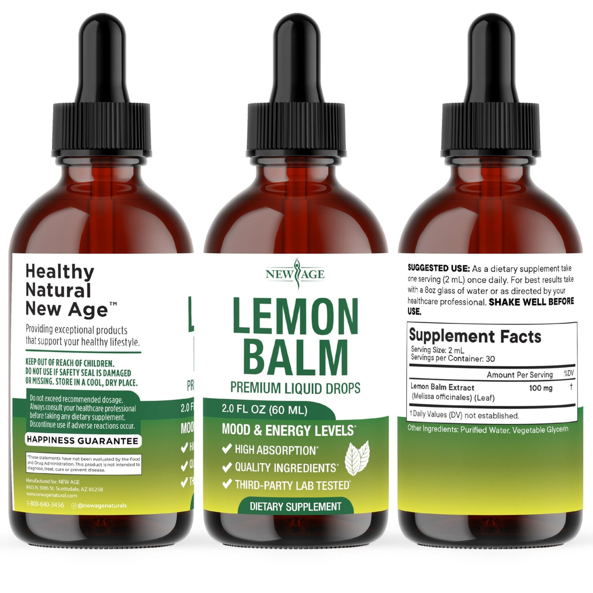 NEW AGE Lemon Balm Tincture - Mood Support Supplement - Lemon Balm Leaf Extract Drops - Vegan, Sugar & Alcohol-Free Calming Supplement - 4 fl oz - FENGGESTORE20