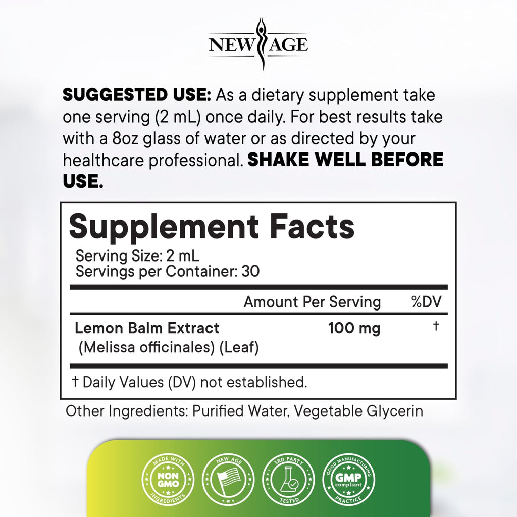 NEW AGE Lemon Balm Tincture - Mood Support Supplement - Lemon Balm Leaf Extract Drops - Vegan, Sugar & Alcohol-Free Calming Supplement - 4 fl oz - FENGGESTORE20