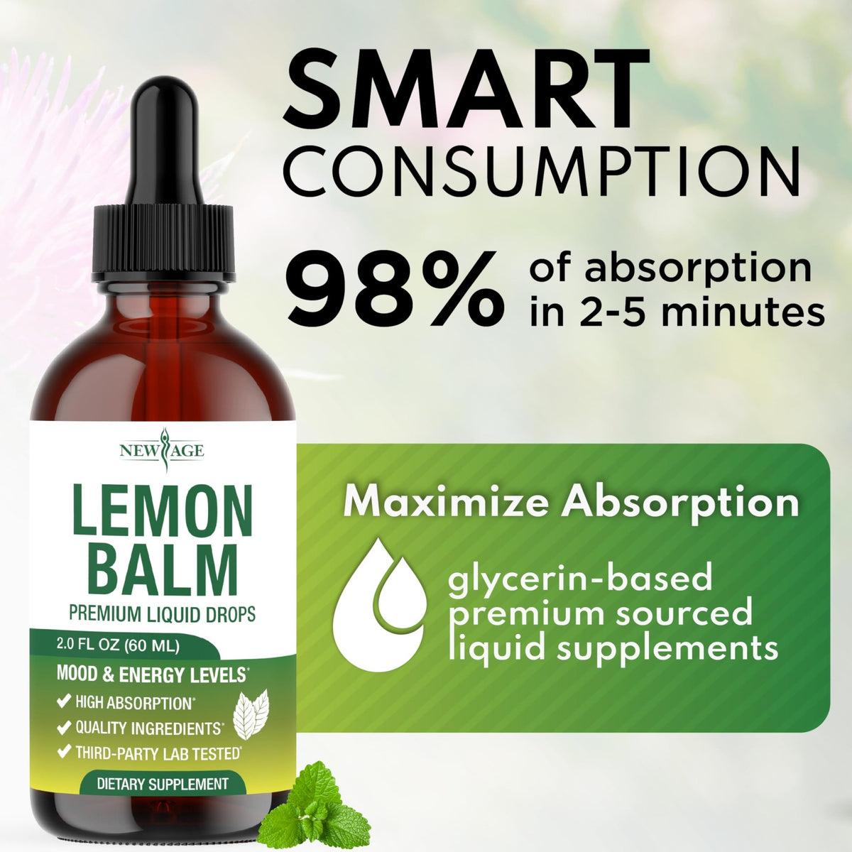 NEW AGE Lemon Balm Tincture - Mood Support Supplement - Lemon Balm Leaf Extract Drops - Vegan, Sugar & Alcohol-Free Calming Supplement - 4 fl oz - FENGGESTORE20