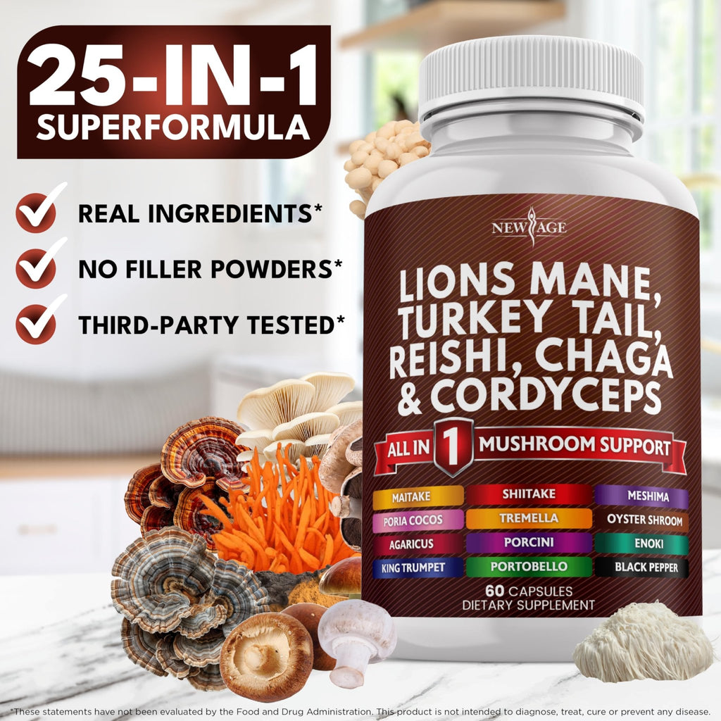 NEW AGE Lions Mane Mushroom Supplement with Turkey Tail Reishi Cordyceps Chaga with Marshmallow Root - 120 Count - FENGGESTORE20
