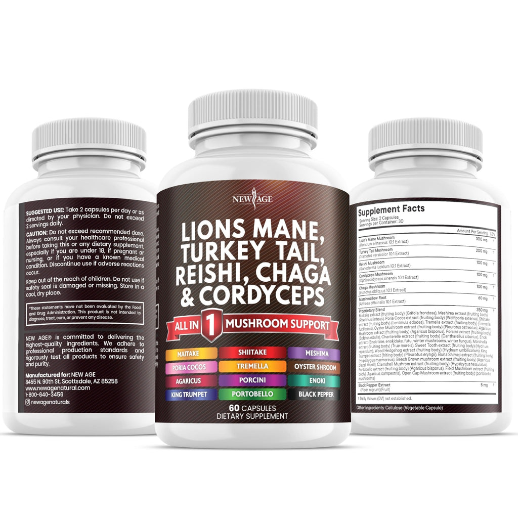 NEW AGE Lions Mane Mushroom Supplement with Turkey Tail Reishi Cordyceps Chaga with Marshmallow Root - 120 Count - FENGGESTORE20