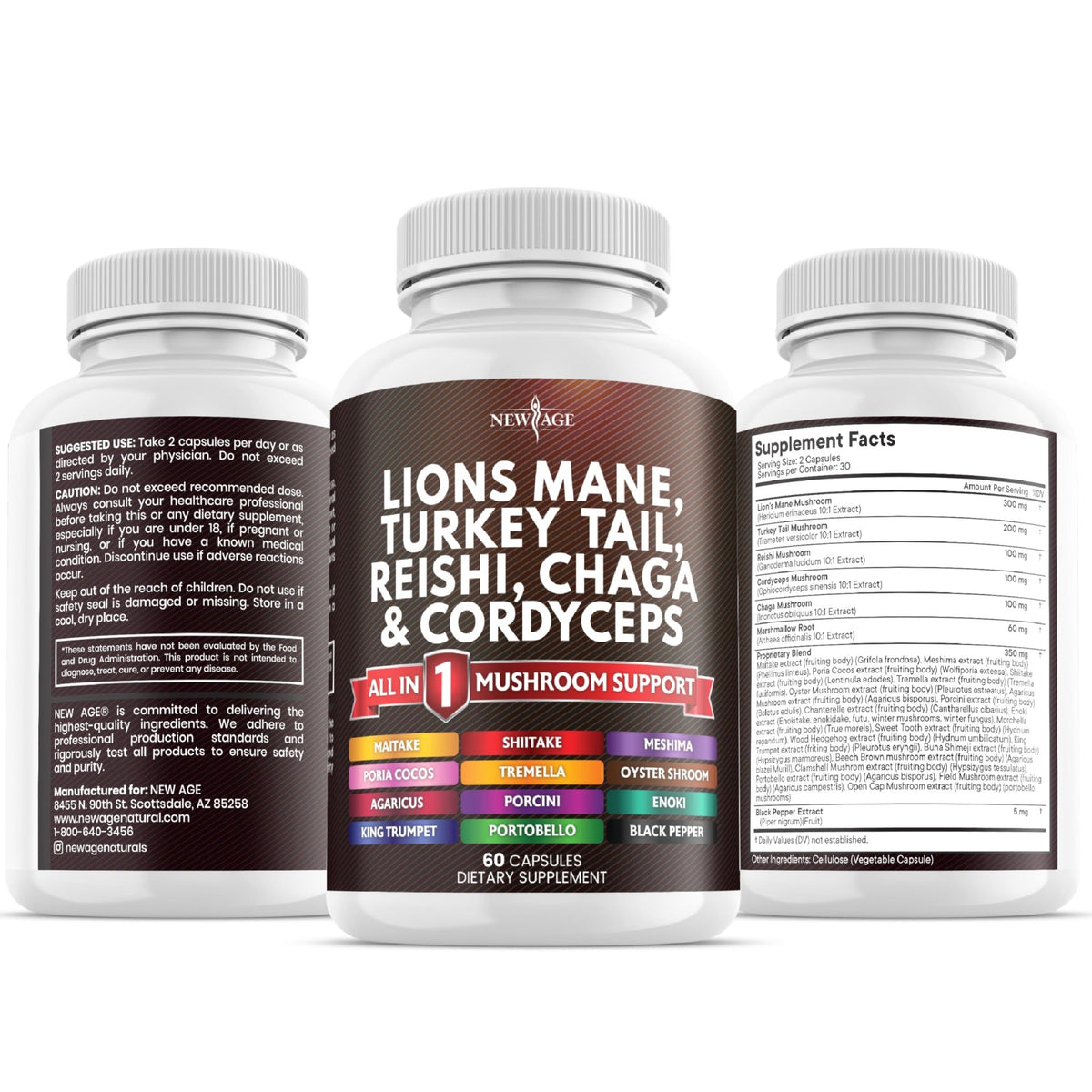 NEW AGE Lions Mane Mushroom Supplement with Turkey Tail Reishi Cordyceps Chaga with Marshmallow Root - 120 Count - FENGGESTORE20