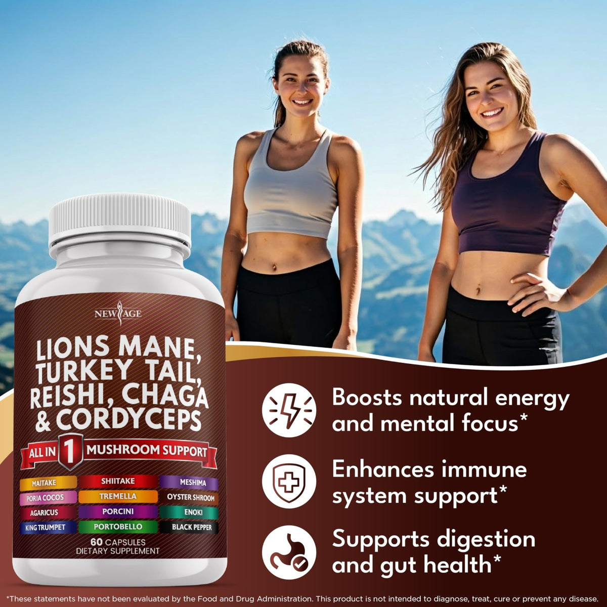NEW AGE Lions Mane Mushroom Supplement with Turkey Tail Reishi Cordyceps Chaga with Marshmallow Root - 120 Count - FENGGESTORE20