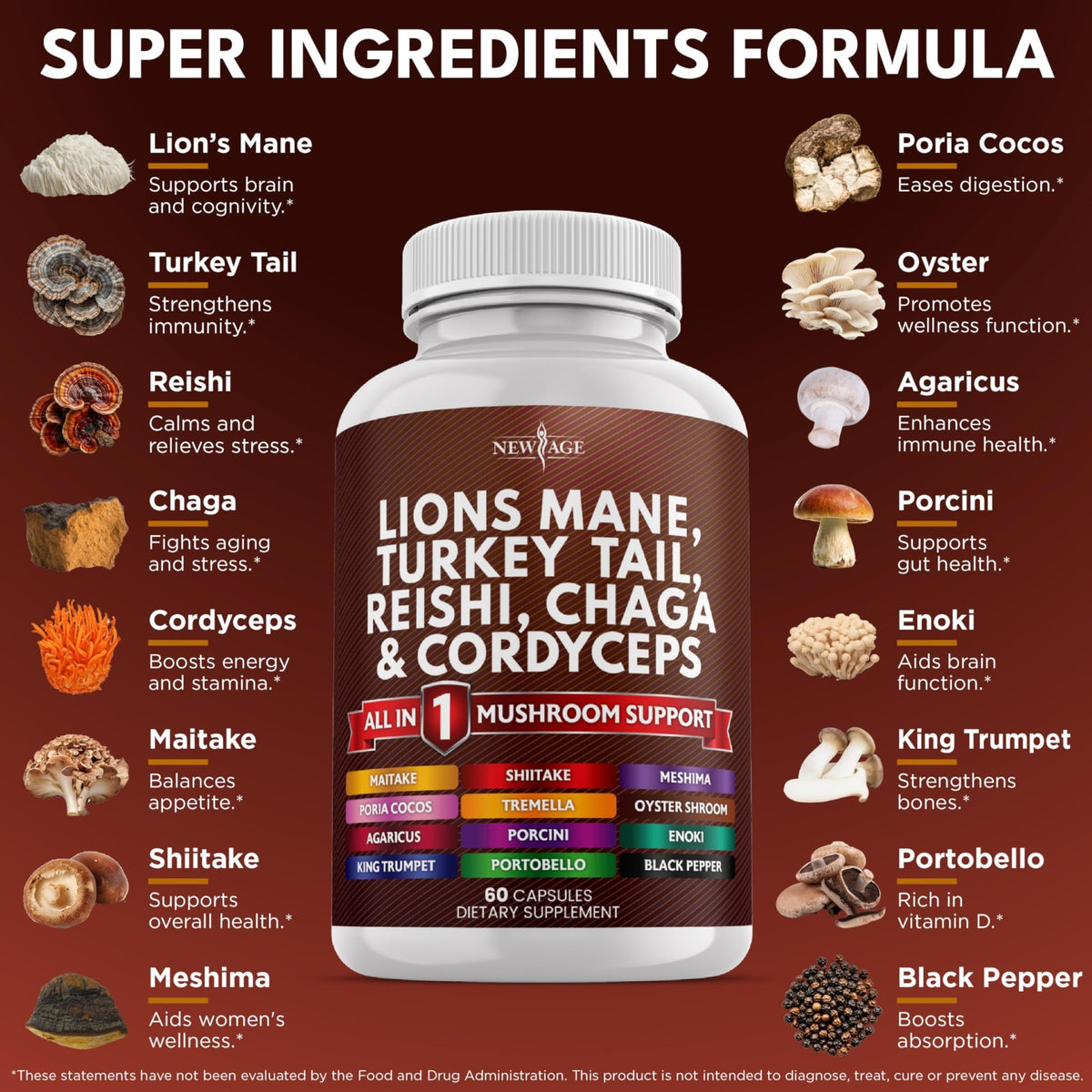 NEW AGE Lions Mane Mushroom Supplement with Turkey Tail Reishi Cordyceps Chaga with Marshmallow Root - 120 Count - FENGGESTORE20