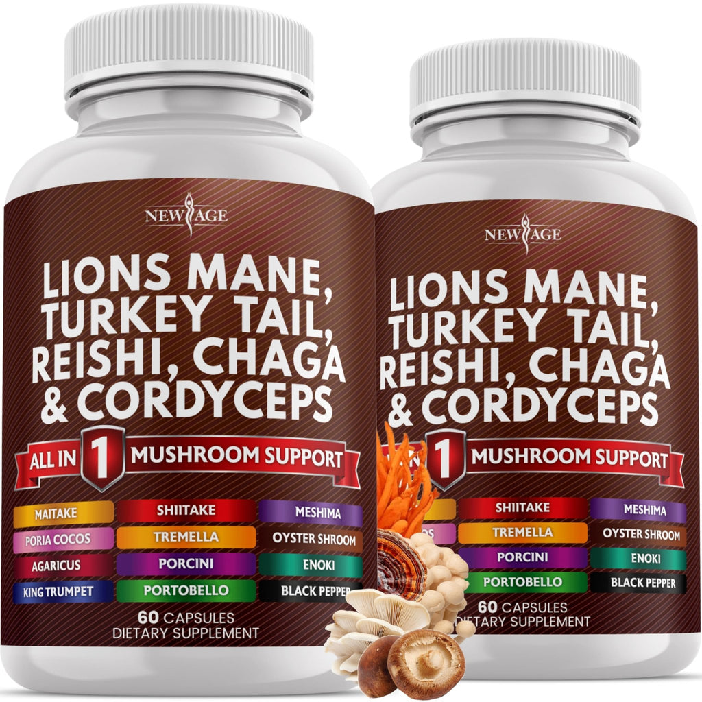 NEW AGE Lions Mane Mushroom Supplement with Turkey Tail Reishi Cordyceps Chaga with Marshmallow Root - 120 Count - FENGGESTORE20