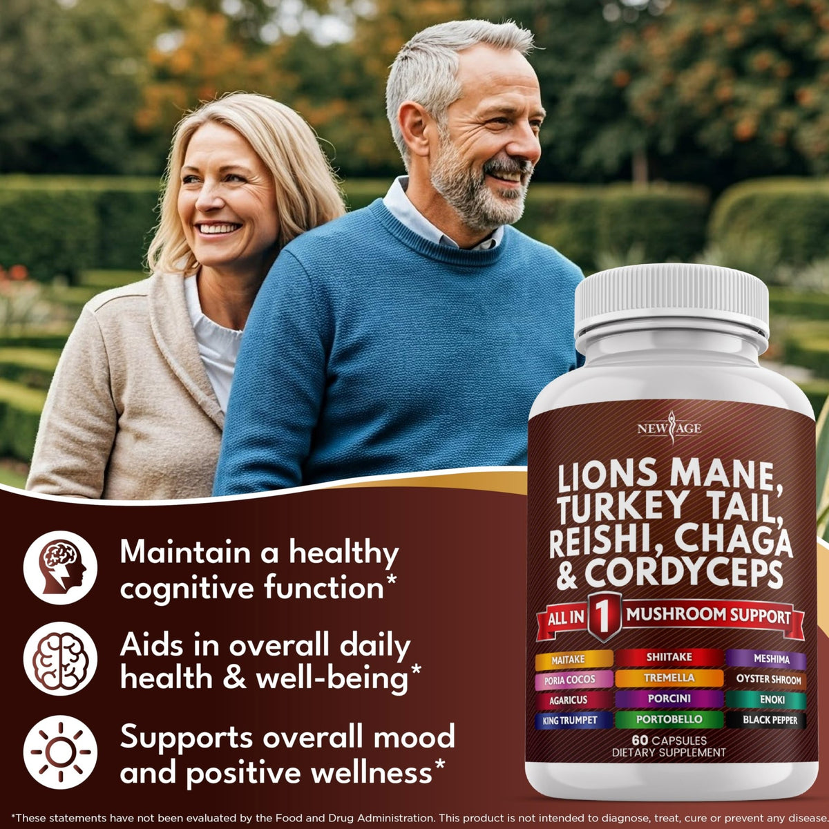 NEW AGE Lions Mane Mushroom Supplement with Turkey Tail Reishi Cordyceps Chaga with Marshmallow Root - 120 Count - FENGGESTORE20