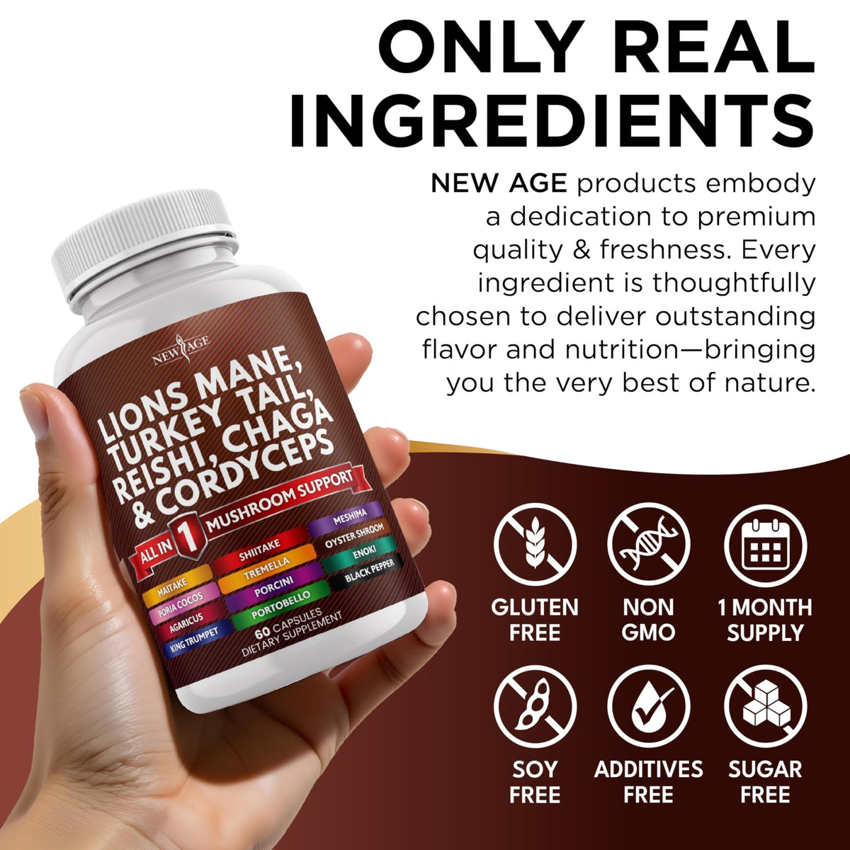 NEW AGE Lions Mane Mushroom Supplement with Turkey Tail Reishi Cordyceps Chaga with Marshmallow Root - 120 Count - FENGGESTORE20