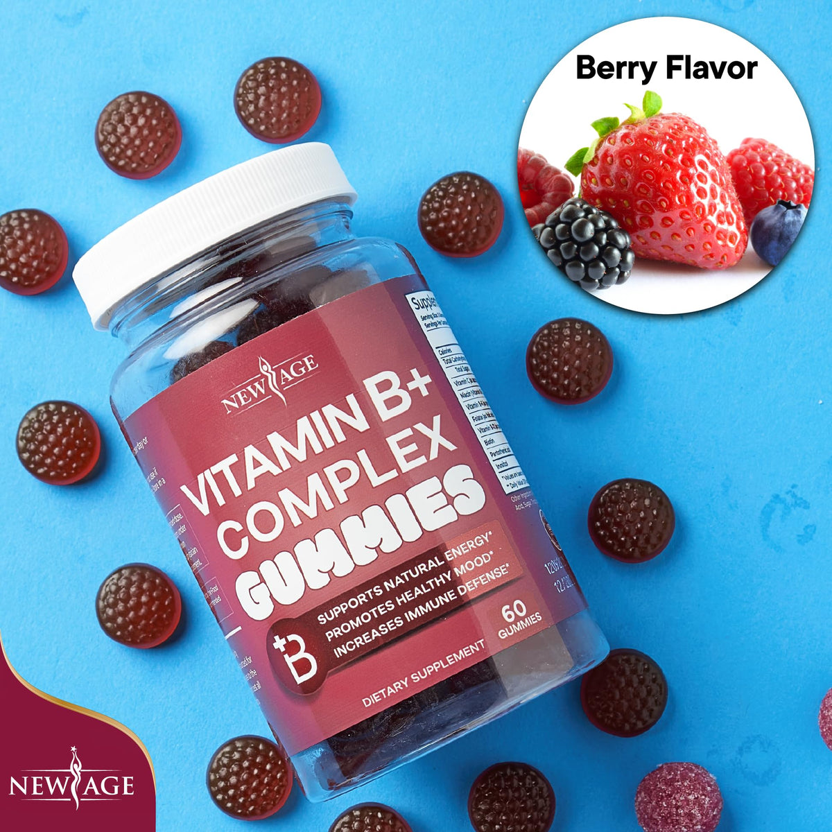 NEW AGE Vitamin B Complex Gummies with Vitamin B3, B6, & B12 – with Biotin, Folic Acid & Vitamin C – Gluten-Free, Vegan - FENGGESTORE20