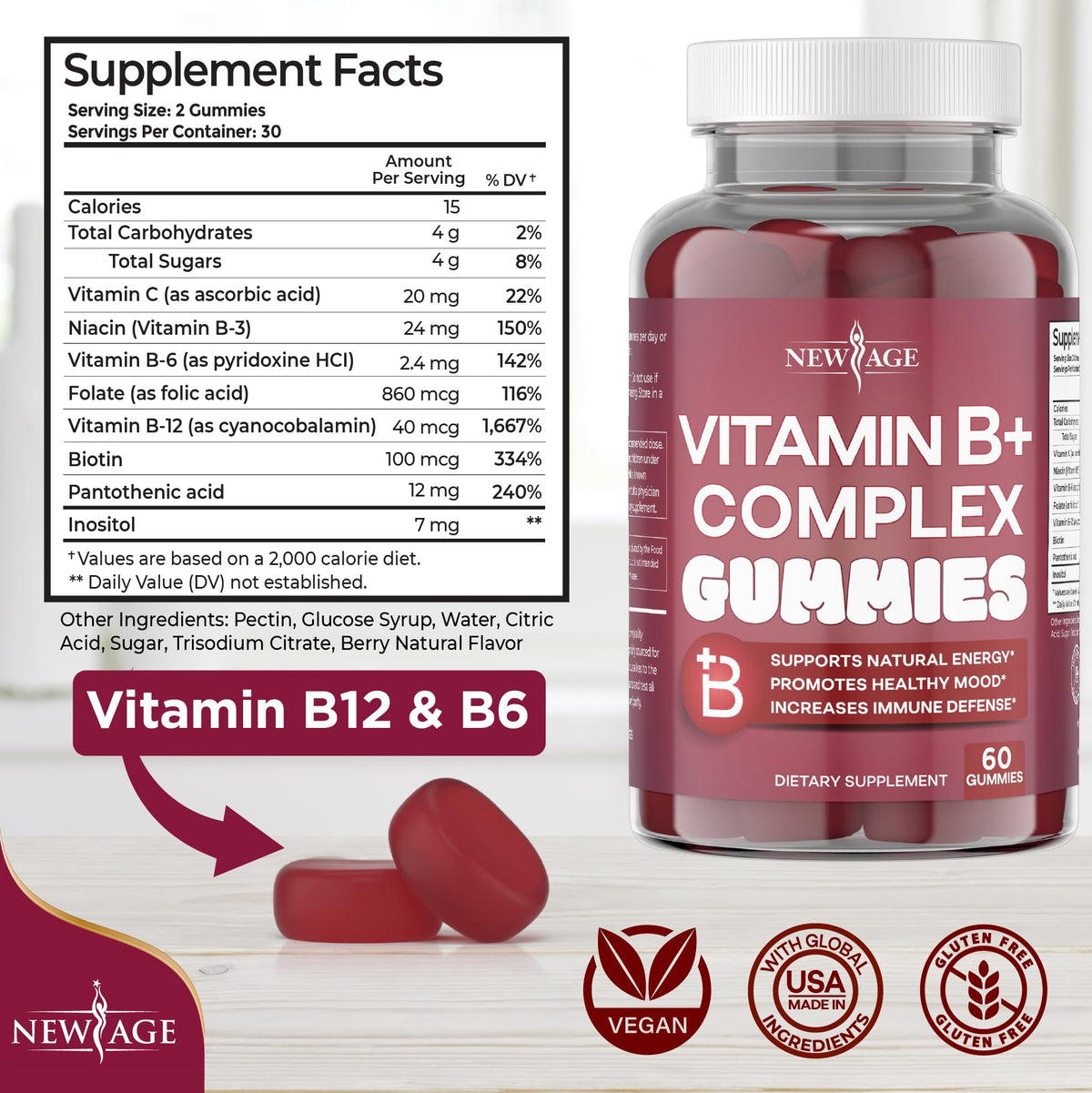 NEW AGE Vitamin B Complex Gummies with Vitamin B3, B6, & B12 – with Biotin, Folic Acid & Vitamin C – Gluten-Free, Vegan - FENGGESTORE20