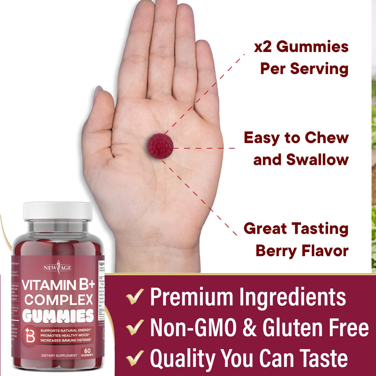 NEW AGE Vitamin B Complex Gummies with Vitamin B3, B6, & B12 – with Biotin, Folic Acid & Vitamin C – Gluten-Free, Vegan - FENGGESTORE20