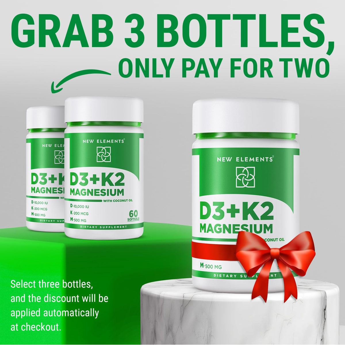 New Elements Vitamin D3 K2 10,000 IU with Magnesium Glycinate 500mg - Bone Health, Immune Support, Energy & Mood - Non-GMO, Gluten-Free - FENGGESTORE20