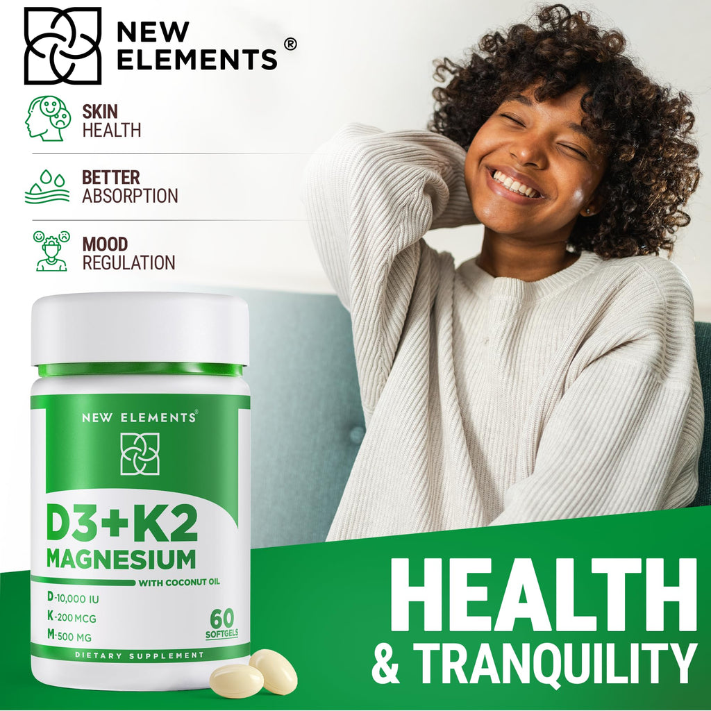 New Elements Vitamin D3 K2 10,000 IU with Magnesium Glycinate 500mg - Bone Health, Immune Support, Energy & Mood - Non-GMO, Gluten-Free - FENGGESTORE20