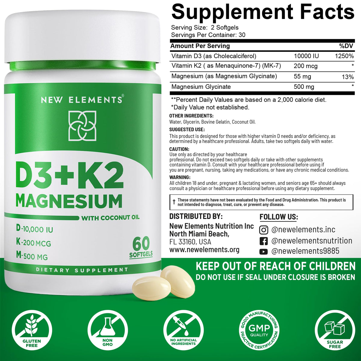 New Elements Vitamin D3 K2 10,000 IU with Magnesium Glycinate 500mg - Bone Health, Immune Support, Energy & Mood - Non-GMO, Gluten-Free - FENGGESTORE20