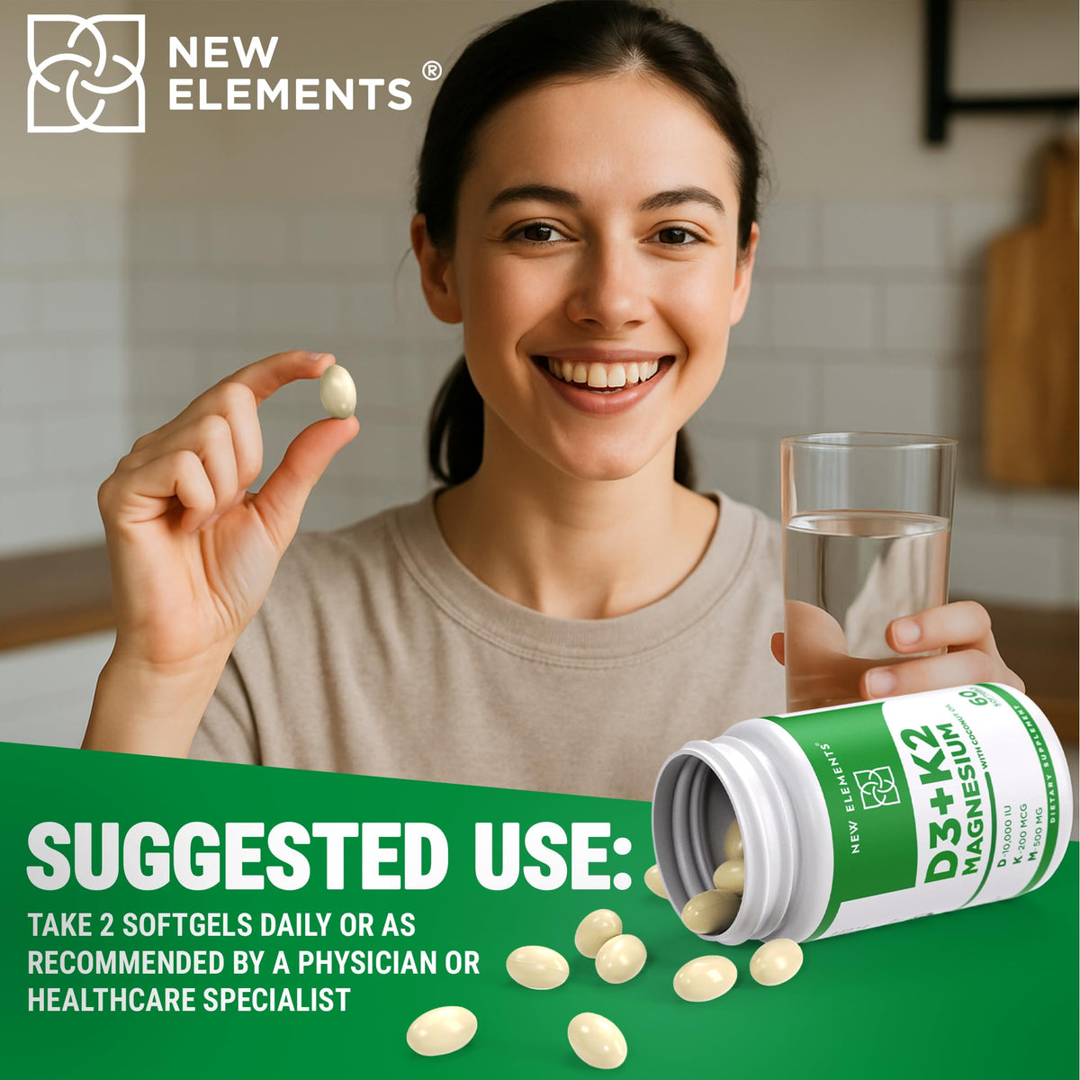 New Elements Vitamin D3 K2 10,000 IU with Magnesium Glycinate 500mg - Bone Health, Immune Support, Energy & Mood - Non-GMO, Gluten-Free - FENGGESTORE20