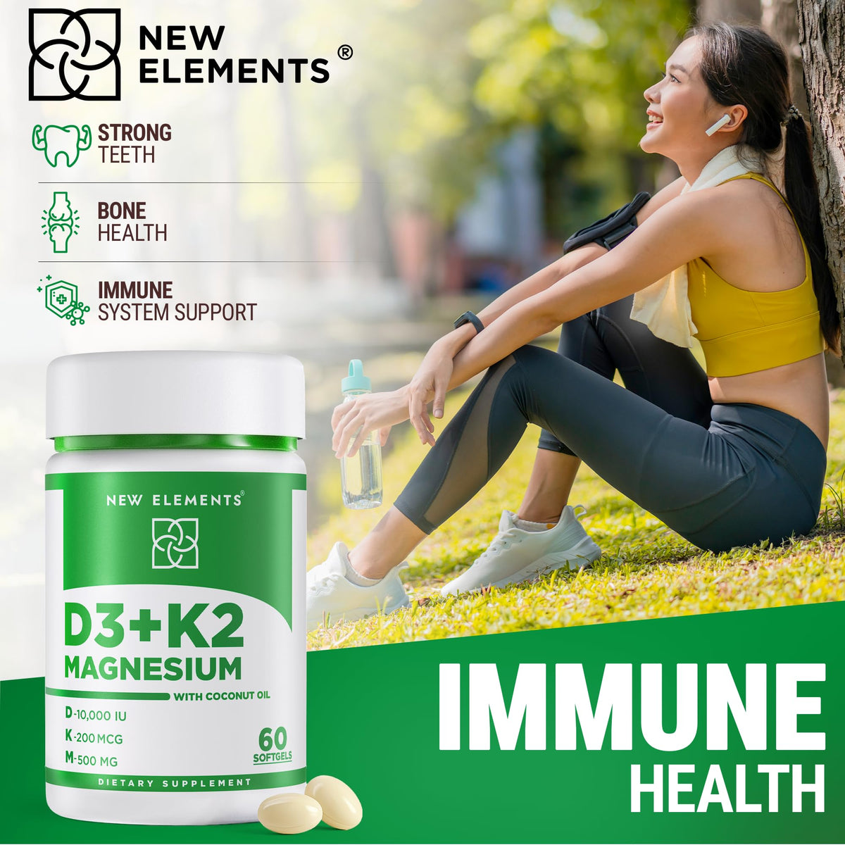 New Elements Vitamin D3 K2 10,000 IU with Magnesium Glycinate 500mg - Bone Health, Immune Support, Energy & Mood - Non-GMO, Gluten-Free - FENGGESTORE20