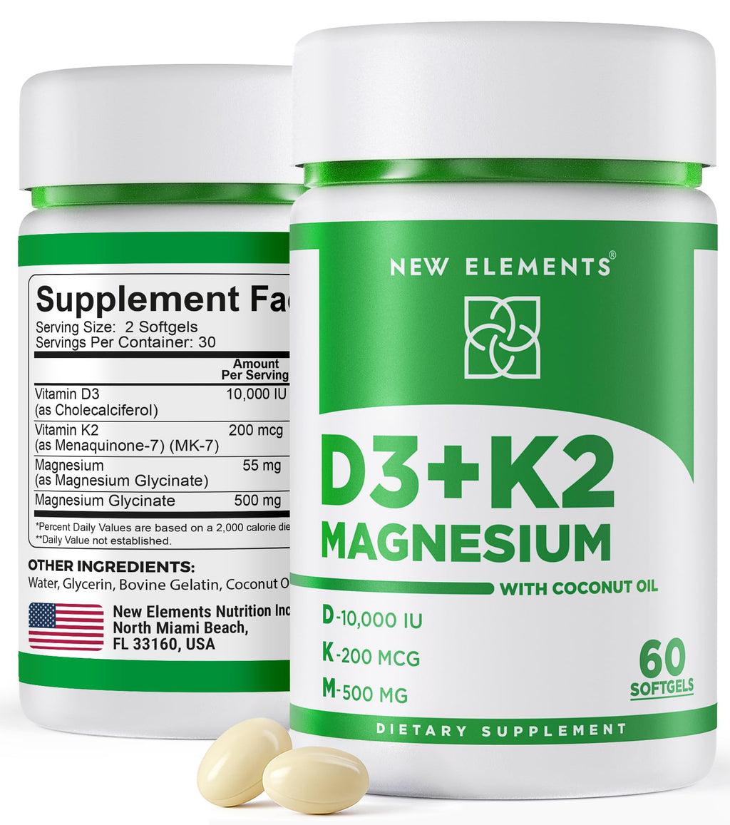 New Elements Vitamin D3 K2 10,000 IU with Magnesium Glycinate 500mg - Bone Health, Immune Support, Energy & Mood - Non-GMO, Gluten-Free - FENGGESTORE20