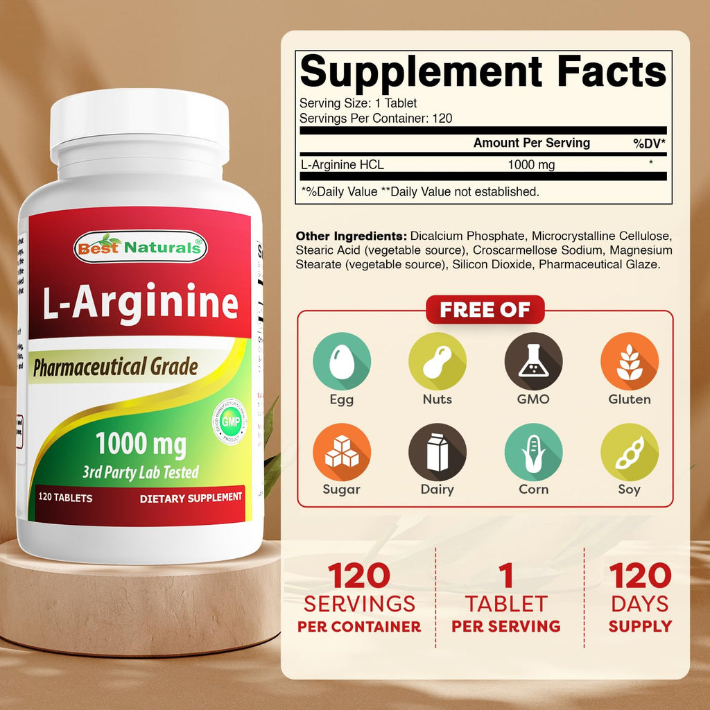 (New Improved Formula) Best Naturals L-Arginine 1000 mg 120 Tablets - Grade L Arginine Supplement - FENGGESTORE20