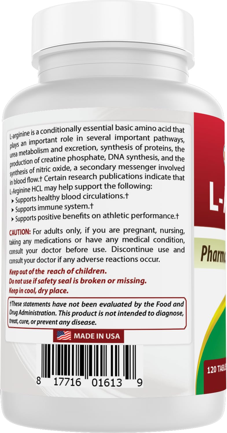 (New Improved Formula) Best Naturals L-Arginine 1000 mg 120 Tablets - Grade L Arginine Supplement - FENGGESTORE20