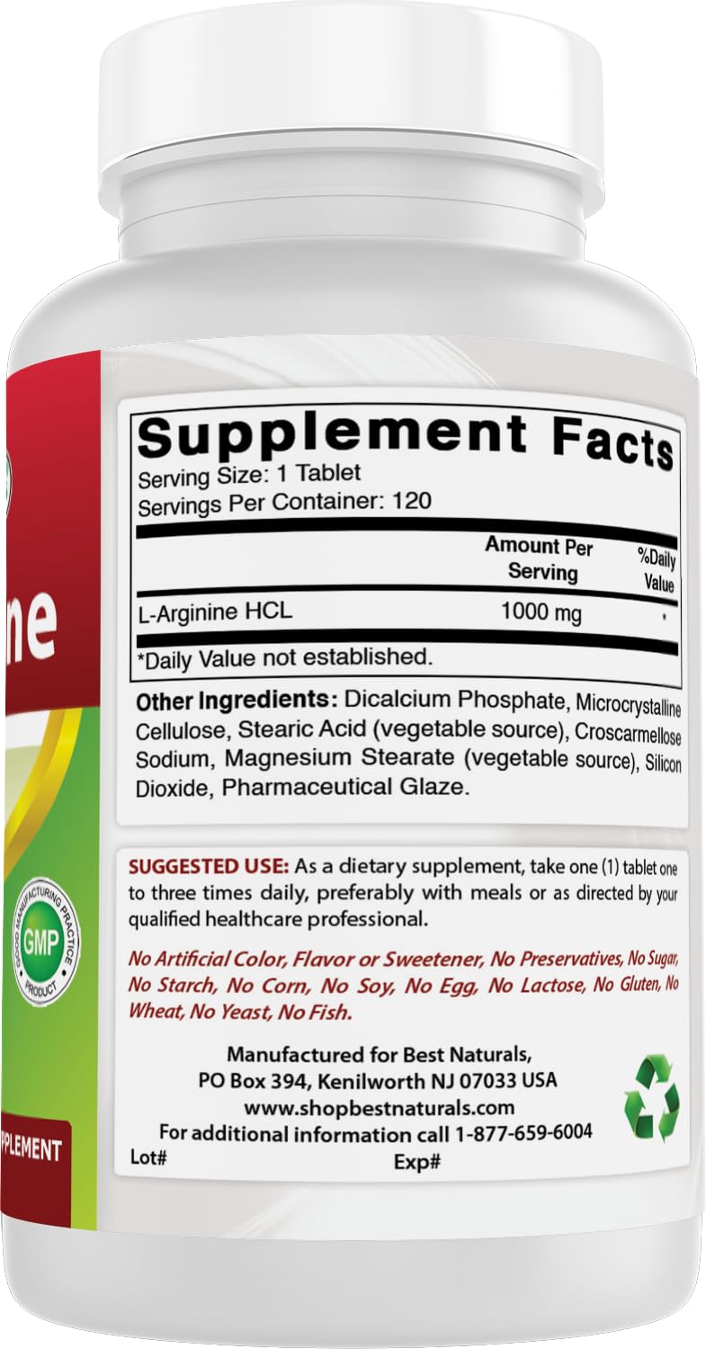 (New Improved Formula) Best Naturals L-Arginine 1000 mg 120 Tablets - Grade L Arginine Supplement - FENGGESTORE20