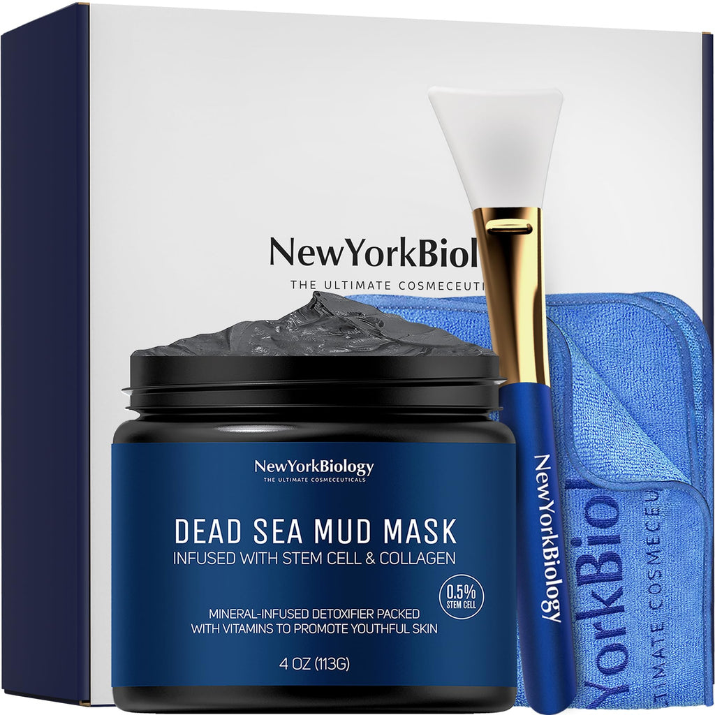 New York Biology Dead Sea Mud Mask for Face & Body | with Stem Cell and Collagen | Face Mask, Brush Applicator, Towel | Spa Quality Pore Refiner for Oily Skin - FENGGESTORE20