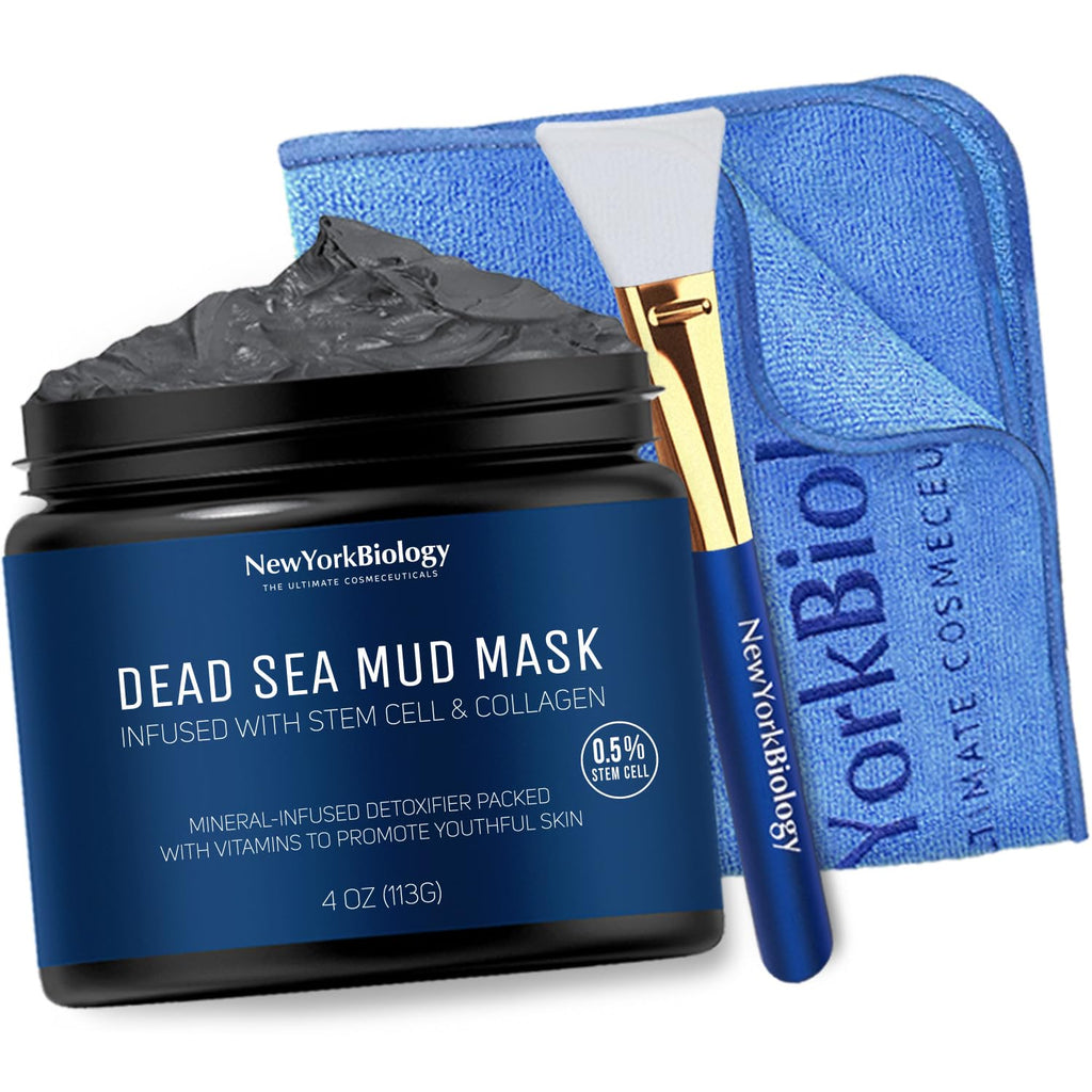 New York Biology Dead Sea Mud Mask for Face & Body | with Stem Cell and Collagen | Face Mask, Brush Applicator, Towel | Spa Quality Pore Refiner for Oily Skin - FENGGESTORE20