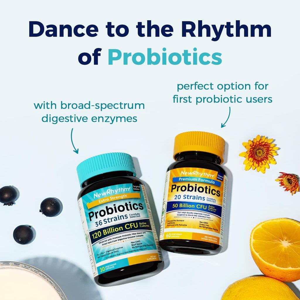 NewRhythm Probiotics 120 Billion CFU 36 Strains, 3-in-1 Probiotics with Prebiotics & Enzymes, Probioticos for Women & Men, - FENGGESTORE20