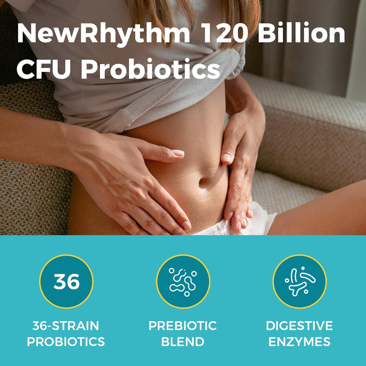 NewRhythm Probiotics 120 Billion CFU 36 Strains, 3-in-1 Probiotics with Prebiotics & Enzymes, Probioticos for Women & Men, - FENGGESTORE20