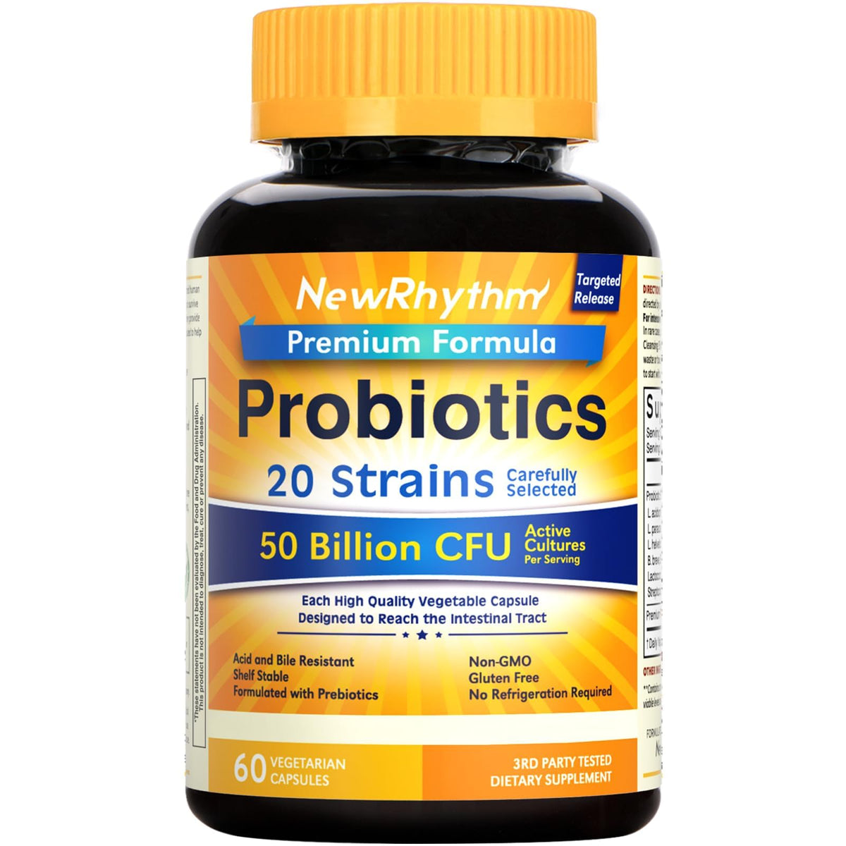 NewRhythm Probiotics 50 Billion CFU 20 Strains, 60 Veggie Capsules, Targeted Release Technology, Stomach Acid Resistant - FENGGESTORE20