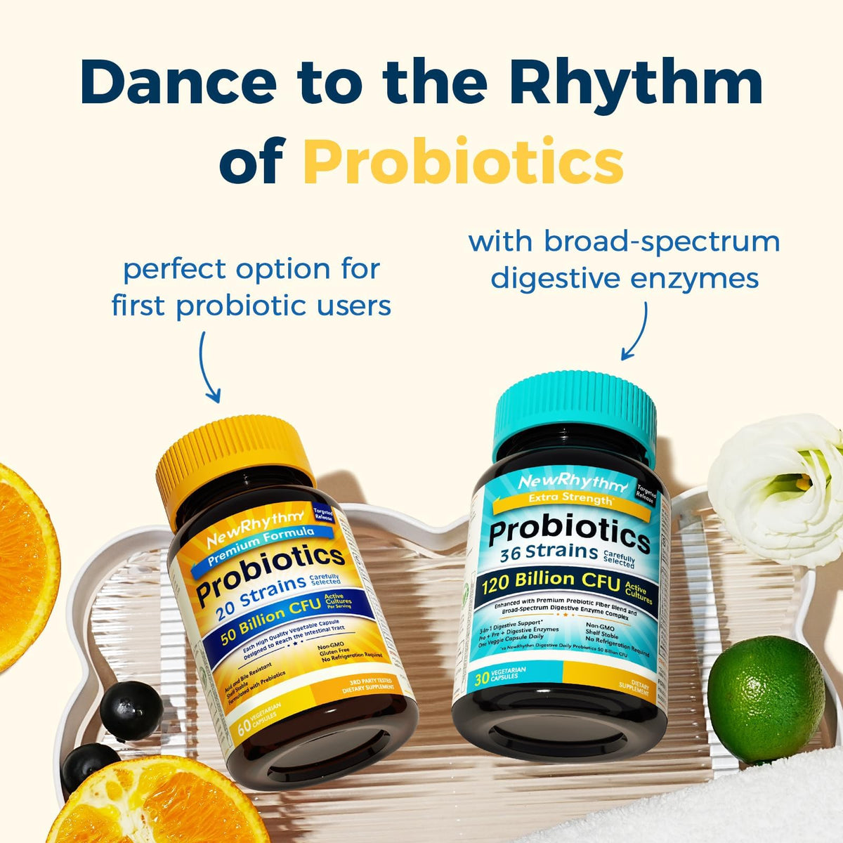 NewRhythm Probiotics 50 Billion CFU 20 Strains, 60 Veggie Capsules, Targeted Release Technology, Stomach Acid Resistant - FENGGESTORE20