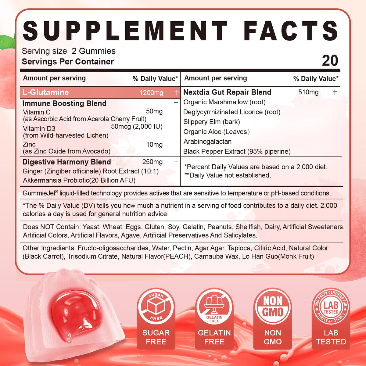 Nextdia L-Glutamine 1200mg Gummies for Gut & Immune Support – Leaky Gut Repair with Slippery Elm, Marshmallow Root, Ginger, Aloe, Vitamin C D3 - FENGGESTORE20