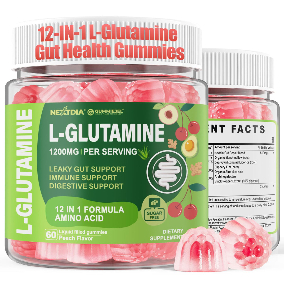 Nextdia L-Glutamine 1200mg Gummies for Gut & Immune Support – Leaky Gut Repair with Slippery Elm, Marshmallow Root, Ginger, Aloe, Vitamin C D3 - FENGGESTORE20