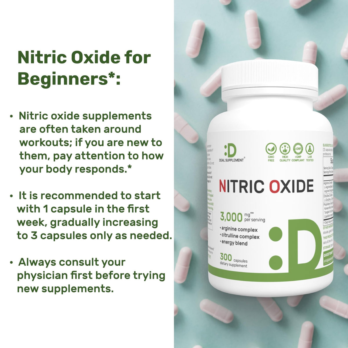 Nitric Oxide Supplement 3,000mg, 300 Capsules | 12-in-1 Complex for Men & Women – Arginine, Citrulline, Korean Red Ginseng, - FENGGESTORE20