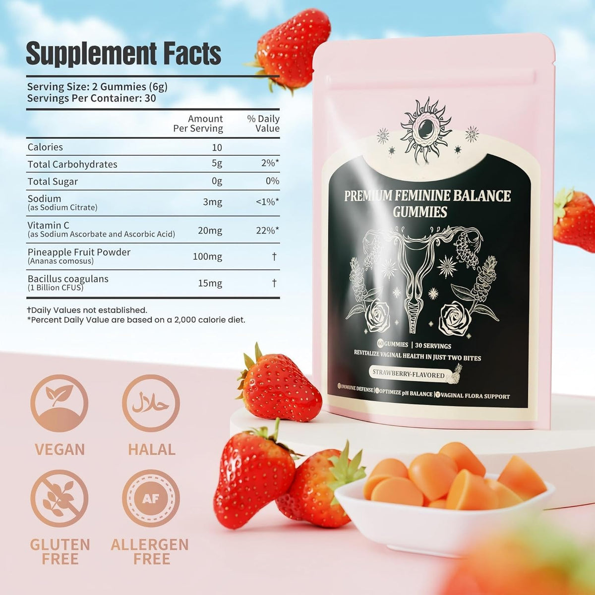 NIUSISE Feminine Balance Gummies, Premium Balance Supplement for Women PH Health, Immune Support, Energy Support, Vegan, Gluten-Free, Strawberry Flavor, - FENGGESTORE20
