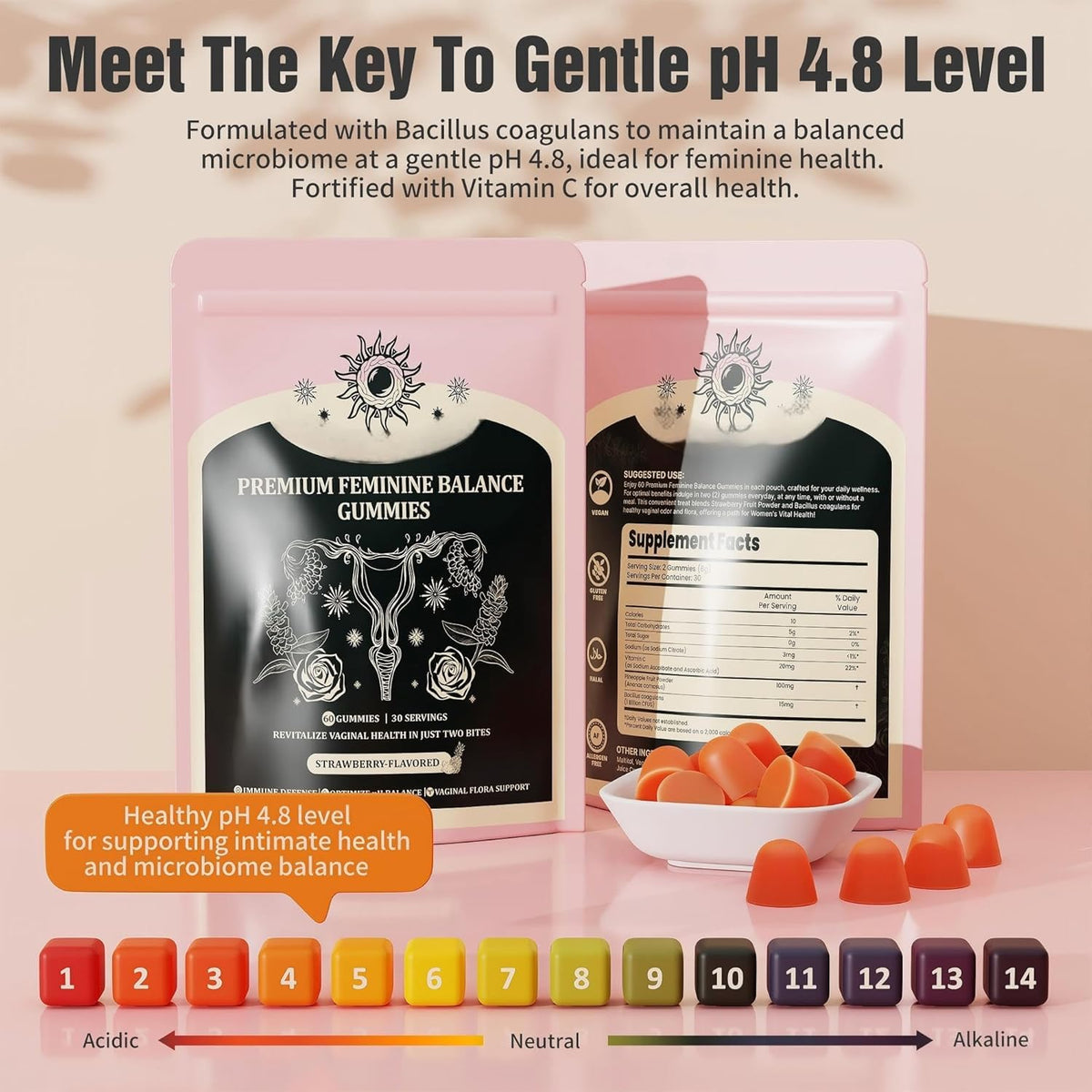 NIUSISE Feminine Balance Gummies, Premium Balance Supplement for Women PH Health, Immune Support, Energy Support, Vegan, Gluten-Free, Strawberry Flavor, - FENGGESTORE20