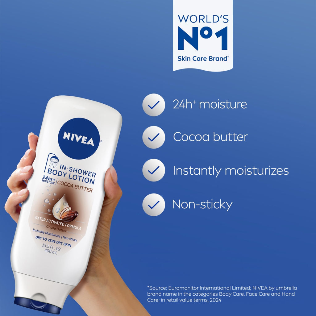 NIVEA Cocoa Butter In Shower Lotion, Water Activated In Shower Moisturizer for Dry Skin to Very Dry Skin, 13.5 FL OZ Bottle - FENGGESTORE20