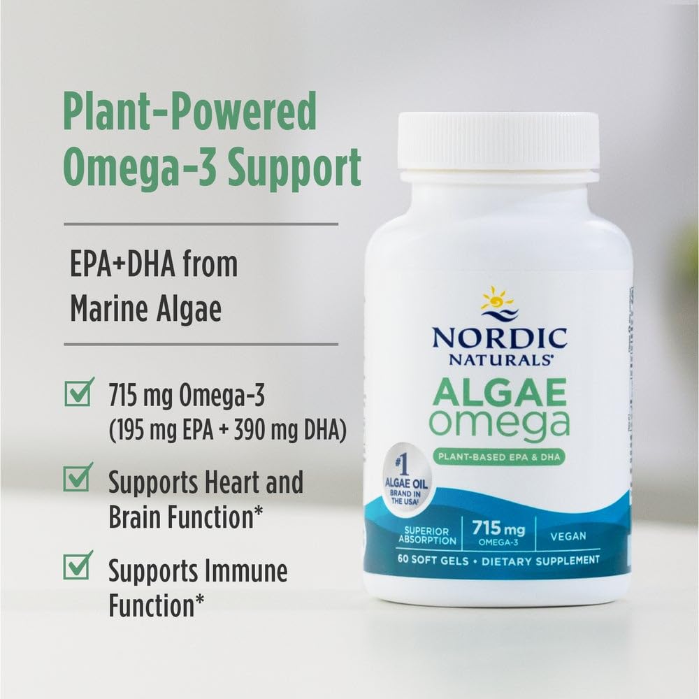 Nordic Naturals Algae Omega - 120 Soft Gels - 715 mg Omega-3 - Certified Vegan Algae Oil - Plant-Based EPA & DHA - Heart, Eye - FENGGESTORE20