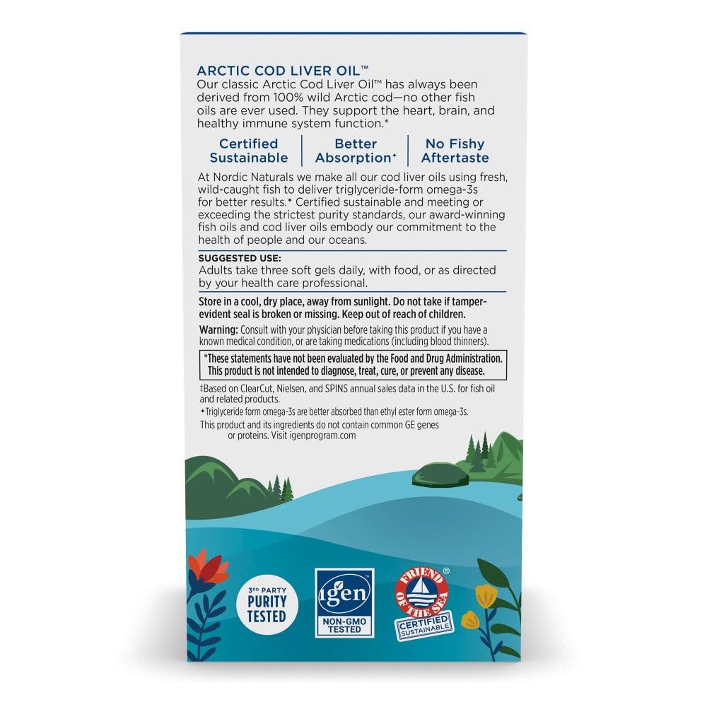 Nordic Naturals Arctic Cod Liver Oil, Lemon - 180 Soft Gels - 750 mg Total Omega-3s with EPA & DHA - Heart & Brain Health, Healthy Immunity, Overall Wellness - Non-GMO - 60 Servings - FENGGESTORE20