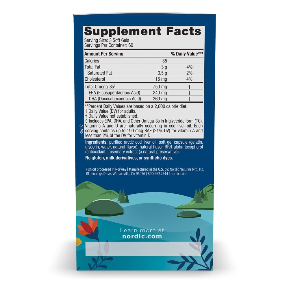 Nordic Naturals Arctic Cod Liver Oil, Lemon - 180 Soft Gels - 750 mg Total Omega-3s with EPA & DHA - Heart & Brain Health, Healthy Immunity, Overall Wellness - Non-GMO - 60 Servings - FENGGESTORE20