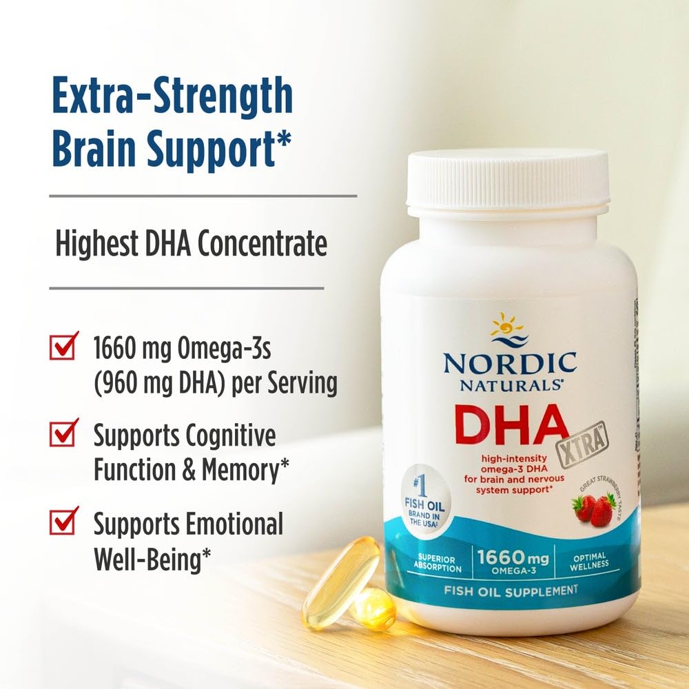 Nordic Naturals DHA Xtra, Strawberry - 90 Soft Gels - 1660 mg Omega-3 - High-Intensity DHA Formula for Brain & Nervous System Support - FENGGESTORE20