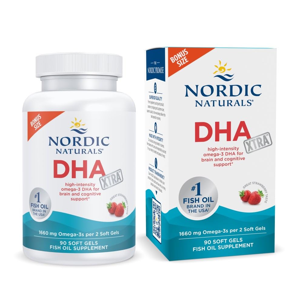 Nordic Naturals DHA Xtra, Strawberry - 90 Soft Gels - 1660 mg Omega-3 - High-Intensity DHA Formula for Brain & Nervous System Support - FENGGESTORE20