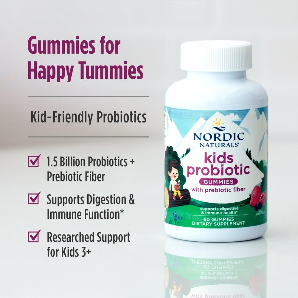 Nordic Naturals Kids Nordic Flora Probiotic Gummies, Merry Berry Punch - 60 Gummies - 1.5 Billion CFU & Prebiotic Fiber - Non-GMO, Vegan - 30 Servings - FENGGESTORE20