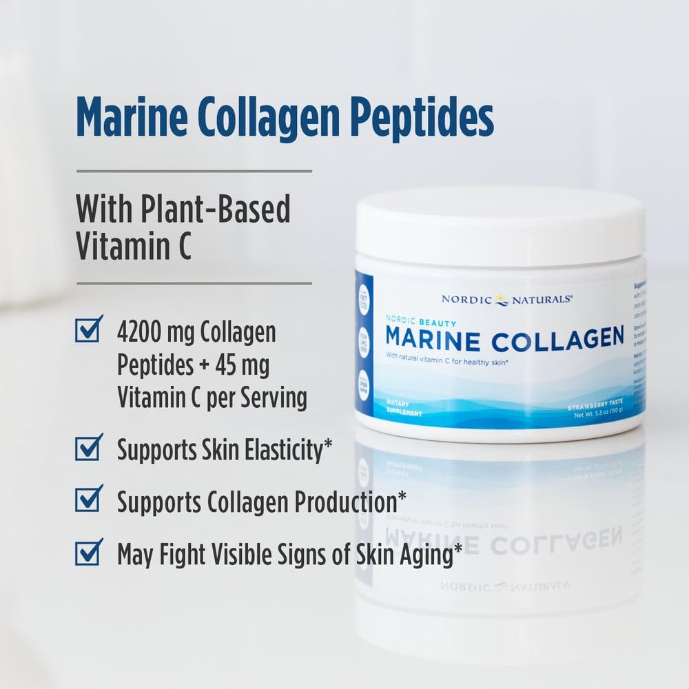 Nordic Naturals Nordic Beauty Marine Collagen Powder, Strawberry - 5.29 Ounces - Collagen Powder Supplement for Healthy Skin, Joints, and Bones, Vitamin C for Antioxidant Support - 30 Servings - FENGGESTORE20